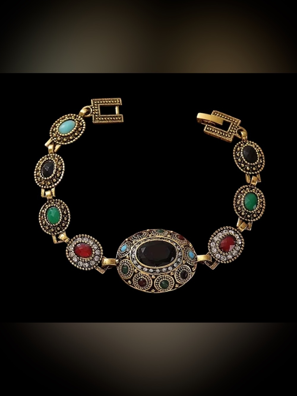 Bohemian Ottoman Style Antique Gold Tone Multi-Stone Statement Bracelet